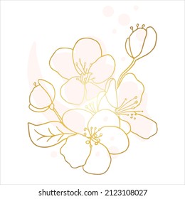 Golden abstract hand drawing cherry flowers, apple tree, line drawing flower logo, wedding design