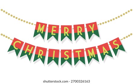 Cadenas de círculos colgantes abstractos dorados con papel rojo y verde cortado Mensaje de Navidades felices en letras separadas Decoración de Anuncios con Elementos de diseño de sombra sobre fondo blanco
