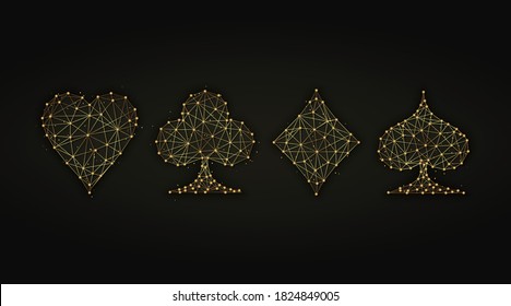 Golden abstract illustration of playing card suits on a dark background. Hearts, spades, clubs, diamonds symbols made from lines and dots.