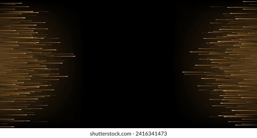 Golden abstract light rain. Falling glow glitter lights. Modern futuristic luxury night background with comets and meteors. Shiny sparkling vector illustration. Decoration for ceremony, party, event.