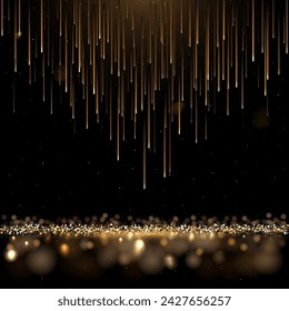 Golden abstract light rain. Falling glow glitter lights. Modern futuristic luxury night background with comets and meteors. Shiny sparkling vector illustration. Decoration for ceremony, party, event.