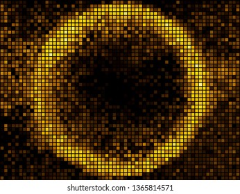 Golden abstract lights disco background. Square pixel mosaic frame. Round shape