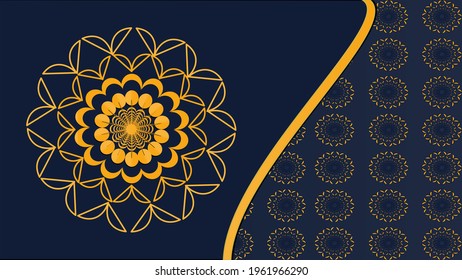 Golden abstract Mandal ornate pattern for background, invitations, cards, premium templates on blue background.