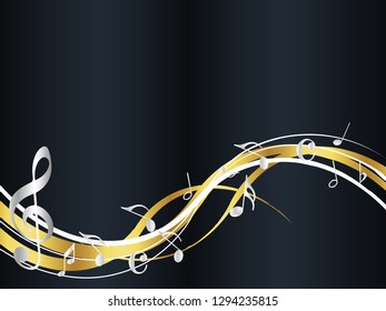 Golden Abstract music notes on rainbow line wave background. colorful G-clef and music notes isolated vector illustration Can be adapt to Brochure, Annual Report, Magazine, Poster, music background.