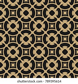 Golden abstract pattern in Arabic style. Seamless vector background with floral tiles, circular mesh, grid, lattice. Elegant gold and black texture. Repeat design for decor, textile, fabric, ceramic