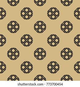Golden abstract pattern in oriental style. Seamless vector background with delicate circular mesh, grid, lattice. Subtle gold and black texture. Elegant repeat design for decor, textile, cloth, prints