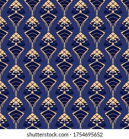 Golden abstract seamless pattern in art deco style on a blue background