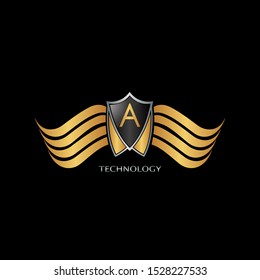 Golden Abstract Shield on Wing letter A  logo icon design concept for technology business or more brand identity.