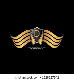 Golden Abstract Shield on Wing letter D  logo icon design concept for technology business or more brand identity.