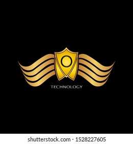 Golden  Abstract Shield on Wing letter O  logo icon design concept for technology business or more brand identity.