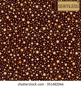 Golden abstract shining falling stars seamless texture brown background. Gold, festive, luxury or network graphic design concept. Vector illustration