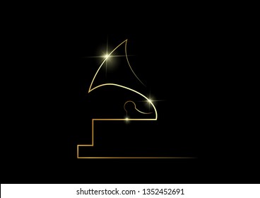 golden abstract silhouette icon of an old gramophone. Gold vector best music awards winner concept, isolated on black background 