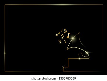 golden abstract silhouette icon of an old gramophone and musical note. Gold vector best music awards winner concept, isolated on black background for music, jazz, classical and pop events