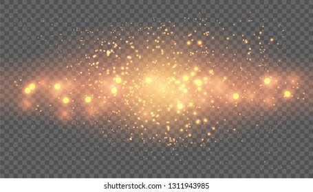 Golden abstract sparkles or glitter lights. Festive gold background. Defocused circles bokeh or particles. Template for design	