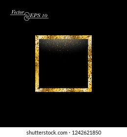 Golden abstract square with falling shiny dust on dark isolated background. Vector frame for new year, Christmas. Decorative element with the possibility of overlay.