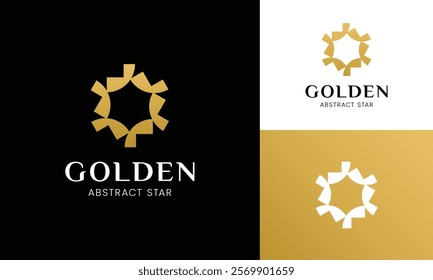 Golden Abstract Star Sun Logo Design Template. Luxury Elegant Star with Six Gold Abstract Shapes. Suitable for General Finance Accounting Investment or Property Construction Company Vector Logo.