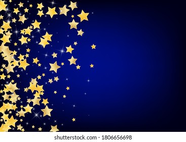 Golden Abstract Stars Vector Blue Background. Holiday Starry Template. Star Design. Gold Effect Universe Border.
