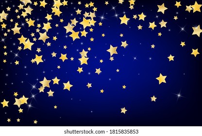 Golden Abstract Stars Vector Blue Background. Bright Universe Template. Star Illustration. Gold Glamour Sparkle Design.