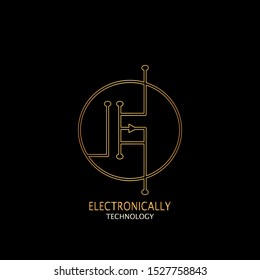 Golden Abstract Techno Electronically Line MOSFET (P)  logo icon design concept  for electrical, electronical and more technology business.
