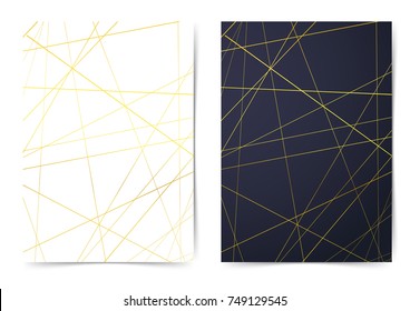 Golden abstract thin line pattern folder collection. Bright gold metallic stripes over white page and over dark blue layout. Vector illustration