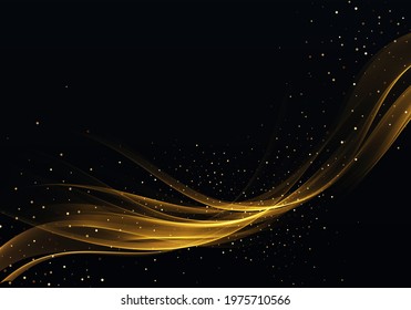 Golden abstract transparent light effect on black background, gold glitters and light lines in golden color. Abstract background