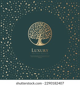 Golden abstract tree emblem on a dark green background. Modern illustration. Isolated vector. Great for logo, monogram, invitation, flyer, menu, brochure or any desired idea.