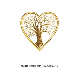 golden abstract tree on the line heart, luxury tree logo vector isolated.