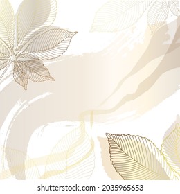 Golden abstract trendy square background with watercolor stains, branches, tropical leaves and plants. Background for a minimalistic style of mobile application, beauty salon. vector illustration.