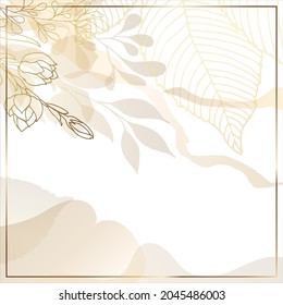 Golden abstract trendy square background with watercolor stains, branches, tropical leaves and plants. For social networks. Background for a minimalistic style of mobile application, beauty salon.