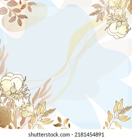 Golden abstract trendy square background with watercolor blots, branches, tropical leaves and cotton. Background for a minimalist style mobile app, beauty salon. vector illustration.