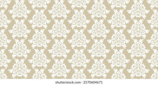 Golden abstract vector background with curly shapes, swirls, floral elements. Luxury damask seamless pattern. Ornament texture in baroque, rococo, revival style. Repeating gold and white design