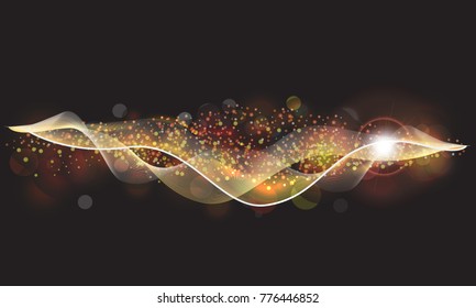 Golden Abstract Wave Design. Shiny golden moving lines design element with glitter effect on dark background for Business card.