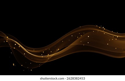 Golden abstract wave with glowing particles on black background, smooth elegant lines creating a sense of luxury and motion.