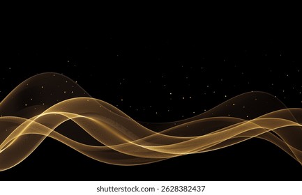 Golden abstract wave made of fine lines with glowing particles on black background, elegant motion and futuristic digital style.
