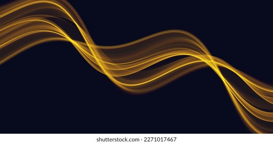 Golden abstract wave. Magic line design. Flow curve motion element. Neon gradient wavy illiustration.
