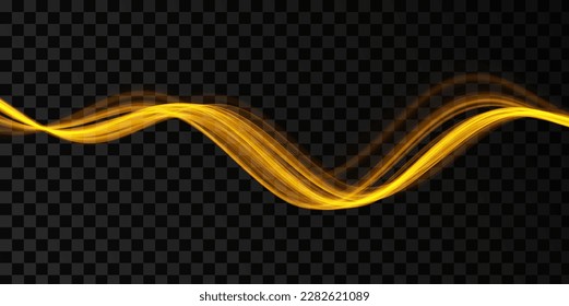 Golden abstract wave. Magic line design. Flow curve motion element. Neon gradient wavy illiustration.