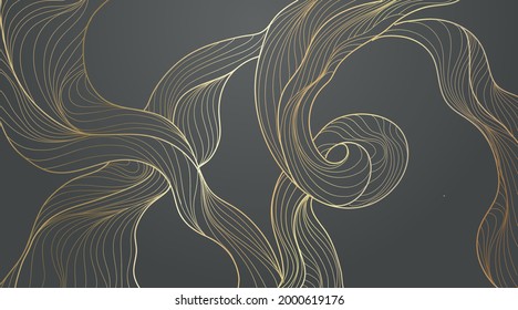 Golden abstract waves line art pattern background. Luxury gold line spirals and wavy curves. Design for print. Vector illustration.