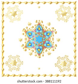 Golden Abstract white background with gold stars and decorative ornament. Digital Illustration for Art, Print, Web, fashion, textile, Album, Holiday crafts, invitation, carnival graphic design. Vector