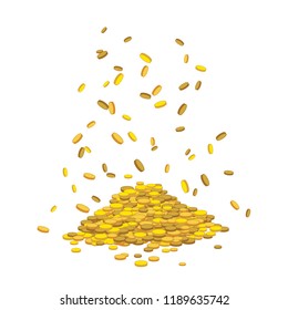 Golden abundant money rain. A lot of coins falling down on mountain. Hill with drop gold cash. Vector dollar mount isolated on transparent background. For lottery winning, business success concept.