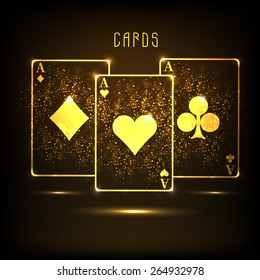 Golden ace cards on shiny brown background for casino concept.