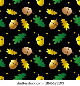 Golden acorns, leaves on a black background. Seamless background for textile, wallpaper