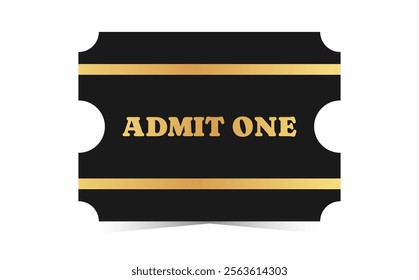 Golden admit one template design. Cinema, theater, casino, concert, film, party, festival gold ticket. Metal gradient and black coupon. Vector illustration on white background