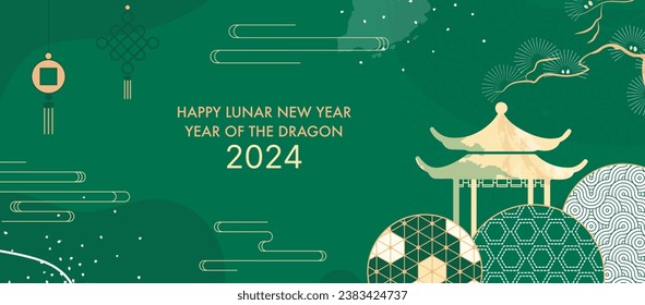 Golden Aesthetic Banner Background for 2024 Chinese New Year of Wood Dragon. Premium Traditional Vector Oriental Background with Japanese Elements, Oriental Pagoda and Chinese Charms and Asian Decor.