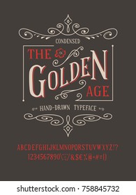 THE GOLDEN AGE FONT. Old retro typeface design. Hand made type alphabet. Authentic letters, numbers, punctuation. Script art for fashion apparel t shirt print graphic vintage vector badge label logo