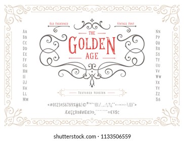 GOLDENES ALTER - Texturierte Version Font. Altes Vintage-Design. Authentische Schriftzeichen, Buchstaben, Zahlen, Zeichensetzung, Akzente. Schriftzeichen-Bekleidung bedruckt grafische Vektorgrafik-Button, Label, Logo.