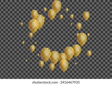 Golden Air Background Transparent Vector. Balloon Shiny Frame. Yellow Realistic Confetti. Baloon Glossy Template.