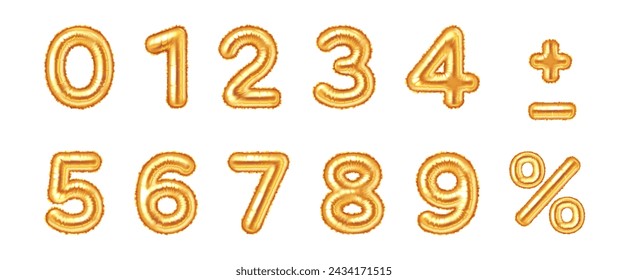 Golden air balloon numbers and math signs realistic vector illustration set. Sparkling party decor 3d models on white background collection