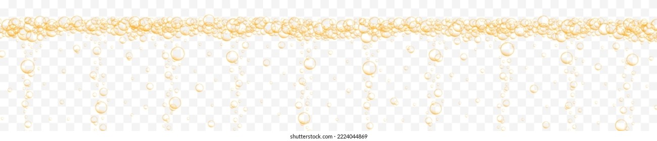 Golden Air Bubbles Stream On Transparent Background. Sparkling Fizzy Drink, Seltzer, Champagne, Prosecco, Carbonated Water, Beer, Soda, Lemonade Texture. Vector Realistic Illustration.