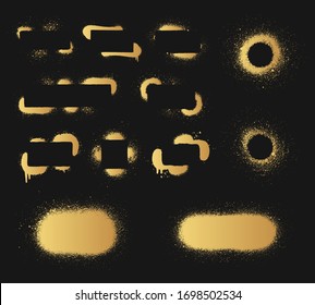 Golden airbrush banner set. Hand drawn gold spray paint frames for text box.  Grunge background. Vector isolated stencil illustration. 