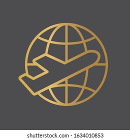 golden airplane and globe icon- vector illustration